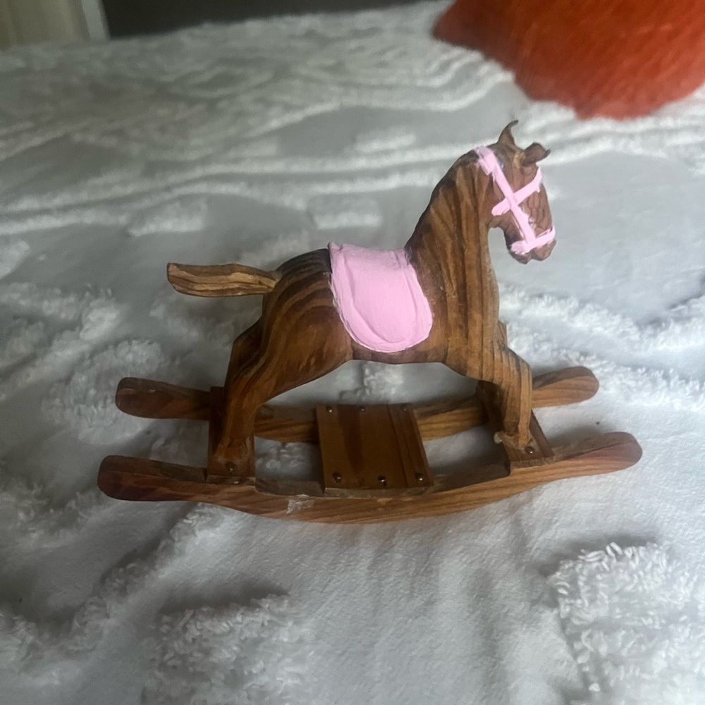 Small Wooden Rocking Horse Figurine with Pink Accents